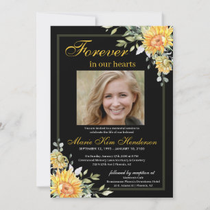 Sunflowers Greenery Black White Memorial Funeral Invitation