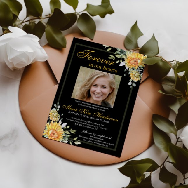Sunflowers Greenery Black White Memorial Funeral Invitation (Creator Uploaded)
