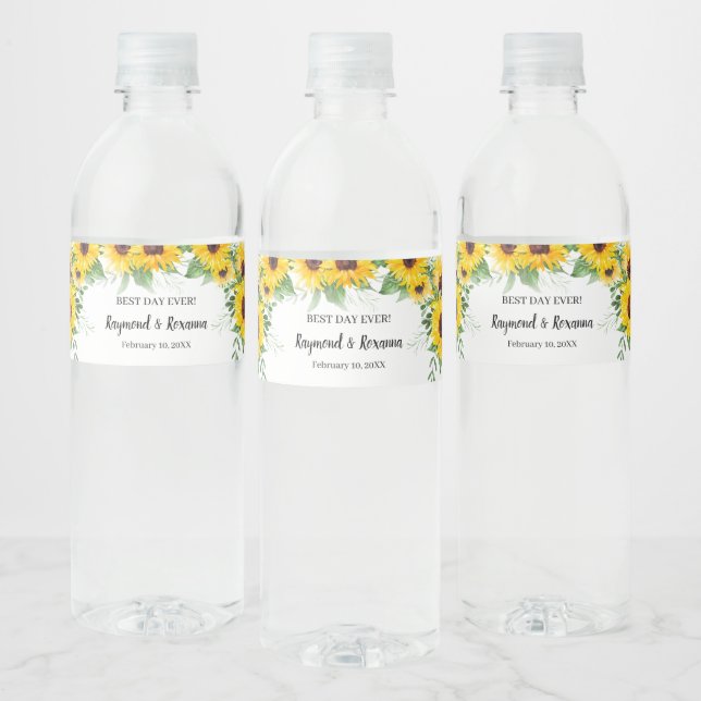 Sunflowers Greenery Bridal Shower Wedding Water Bottle Label (Bottles)