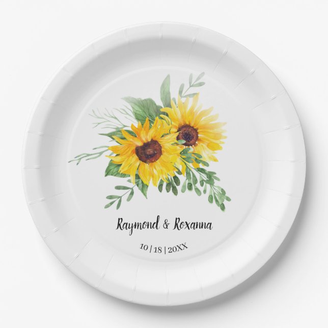 Sunflowers Greenery Bridal Wedding Reception Paper Plates (Front)