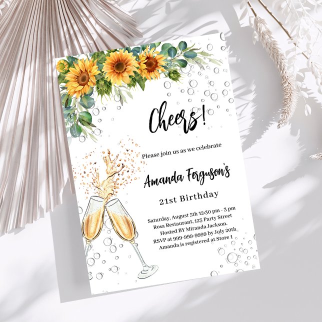 Sunflowers greenery cheers bubbles luxury birthday invitation (Creator Uploaded)