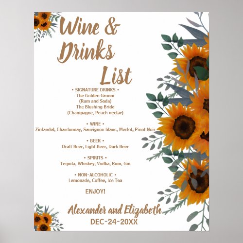 Sunflowers Greenery Drinks list Bridal Wedding Poster