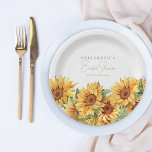 Sunflowers greenery elegant bridal shower paper plates<br><div class="desc">Vibrant yellow sunflower floral blooms bouquet border with greenery foliage making elegant boho chic spring summer fall garden bridal shower personalized paper plates with whimsical elegant modern hand lettered calligraphy script over a white background.</div>