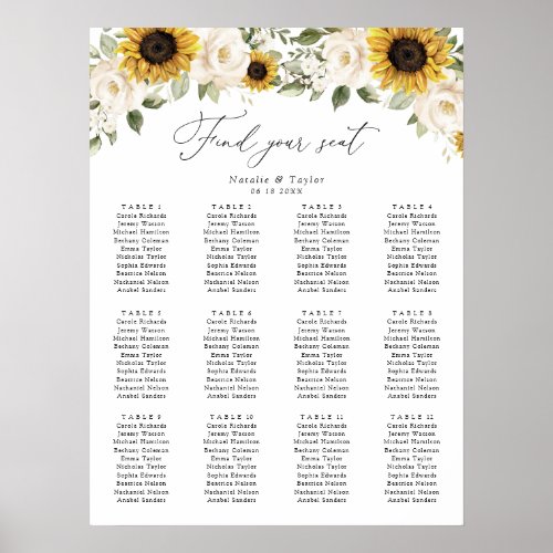 Sunflowers Greenery Elegant Wedding Seating Chart