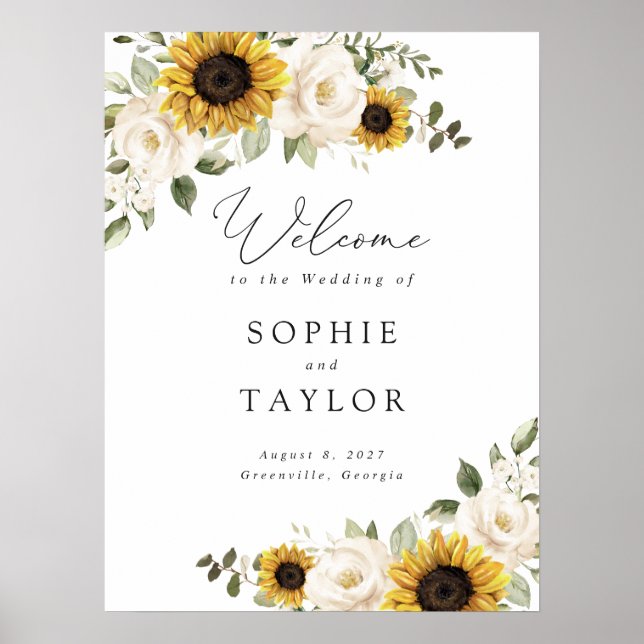 Sunflowers Greenery Elegant Wedding Welcome Sign (Front)