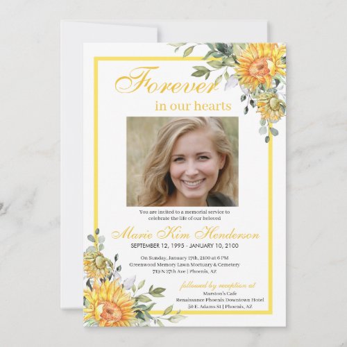 Sunflowers Greenery Forever in our Hearts Funeral Invitation