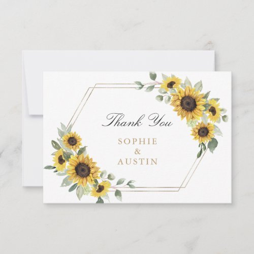Sunflowers Greenery Geometric Gold Wedding Thank You Card