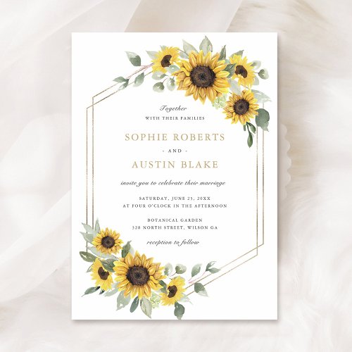 Sunflowers Greenery Gold Geometric Wedding Invitation