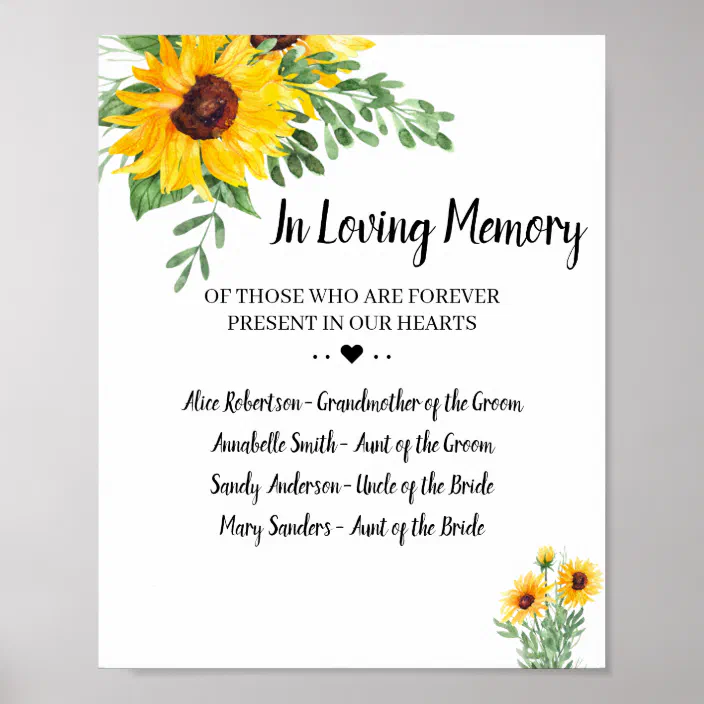 In Loving Memory Wedding/Sunflowers/Rustic/ Style  sign  8''x 10'' 