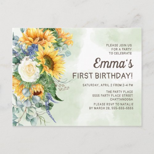 Sunflowers Greenery Little Girls 1st Birthday Postcard