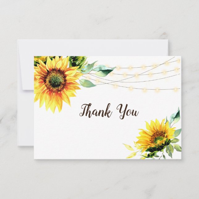 Sunflowers Greenery String Lights Rustic Wedding Thank You Card (Front)