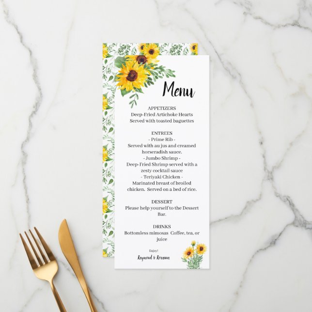 Sunflowers Greenery Wedding Bridal Shower Menu (Front/Back In Situ)