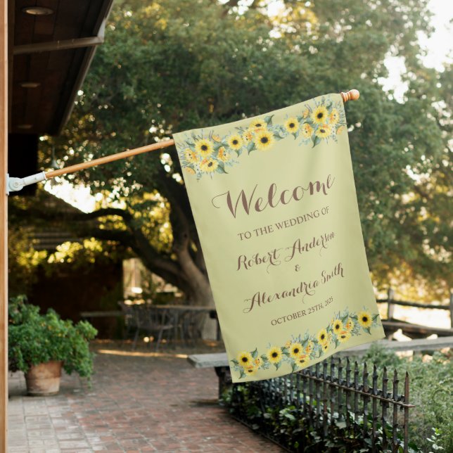 Sunflowers Greenery Welcome Wedding House Flag (In SItu)
