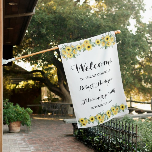 Sunflowers Greenery Welcome Wedding House Flag (In SItu)