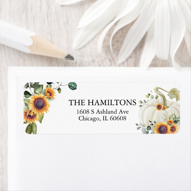 Sunflowers Greenery White Pumpkin Label (Insitu)