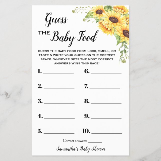 Sunflowers Guess the Baby Food Shower Game Card Flyer (Front)