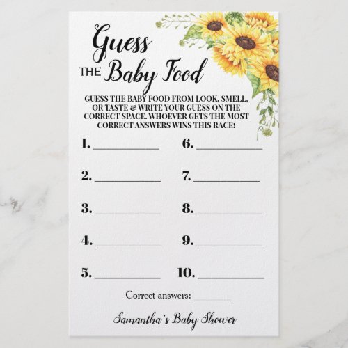 Sunflowers Guess the Baby Food Shower Game Card Flyer