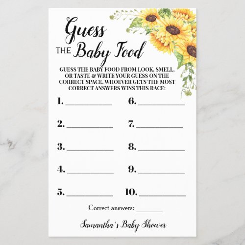 Sunflowers Guess the Baby Food Shower Game Card Flyer