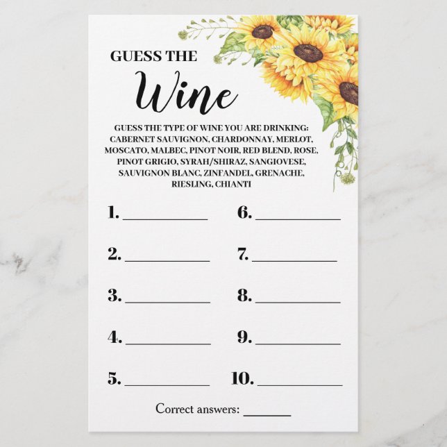 Sunflowers Guess the Wine Couples Shower Game Card Flyer (Front)