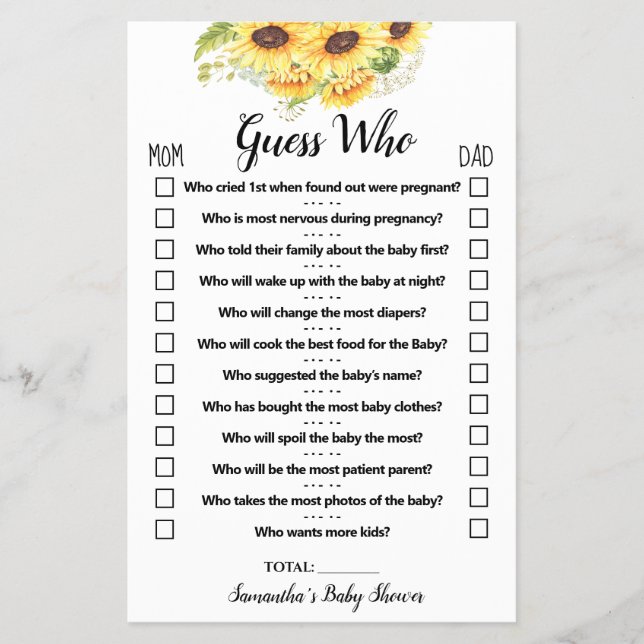 Sunflowers Guess Who Baby Shower Game Card Flyer (Front)