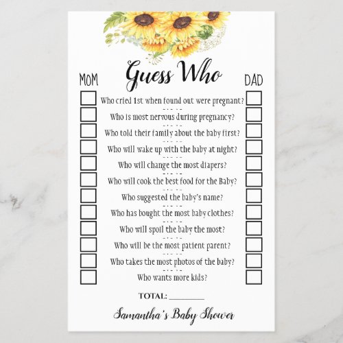Sunflowers Guess Who Baby Shower Game Card Flyer