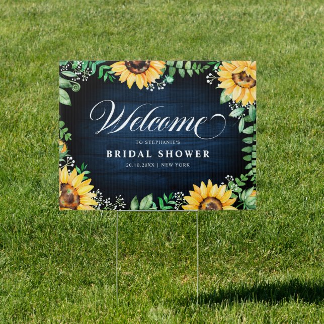 Sunflowers gypsophila Navy Bridal Shower Welcome Sign (Insitu)