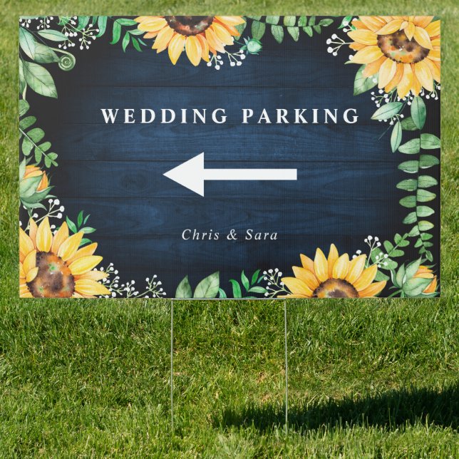 Sunflowers gypsophila Navy Wedding Parking  Sign (Insitu)