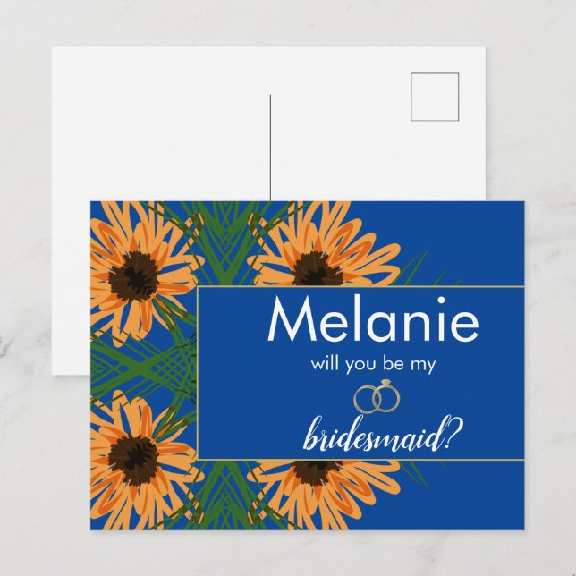Sunflowers Hand Drawn Blue Bridesmaid Proposal   Holiday Postcard (Front/Back)