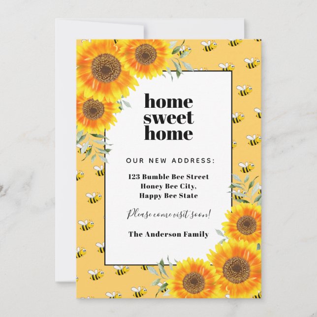 Sunflowers happy bumble bees new home moving announcement (Front)