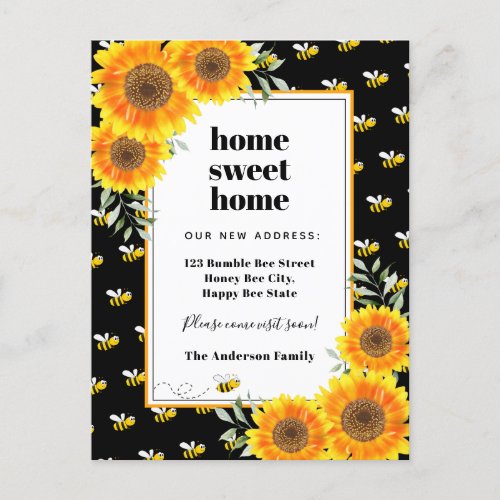 Sunflowers happy bumble bees new home moving announcement postcard