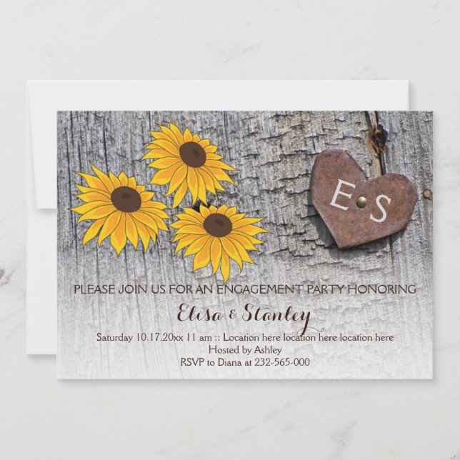 Sunflowers, heart on wood engagement party wedding invitation (Front)