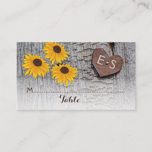 Sunflowers & heart on wood wedding place card (Front)