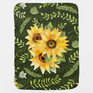 Sunflowers Herbs Leaves Watercolor Pattern Baby Blanket