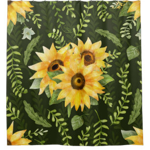 Sunflowers Herbs Leaves Watercolor Pattern Shower Curtain