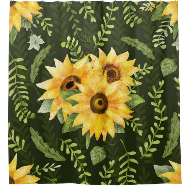 Sunflowers Herbs Leaves Watercolor Pattern Shower Curtain (Front)