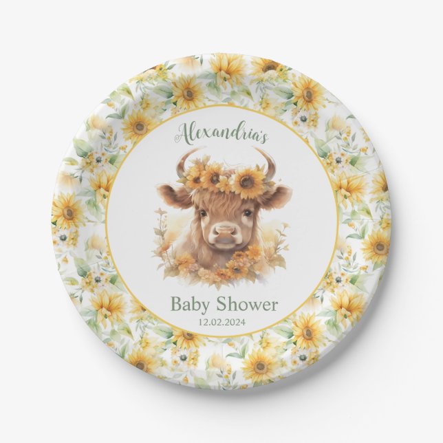 Sunflowers Highland Cow Baby Shower Paper Plate (Front)