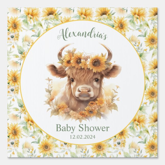 Sunflowers Highland Cow Baby Shower Sign (Front)