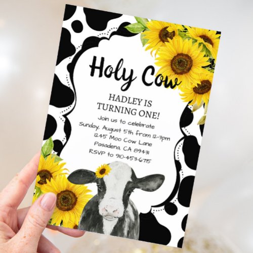 Sunflowers Holy Cow Im One Girl First Birthday Invitation