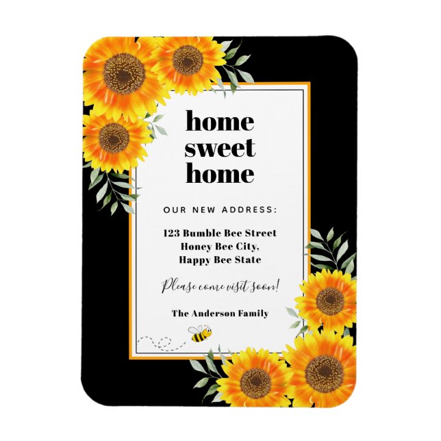Sunflowers home sweet home black modern moving magnet (Vertical)