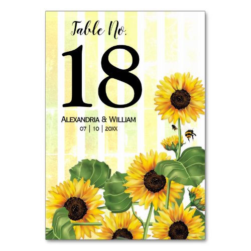 Sunflowers Honeybee  Wedding Table Number