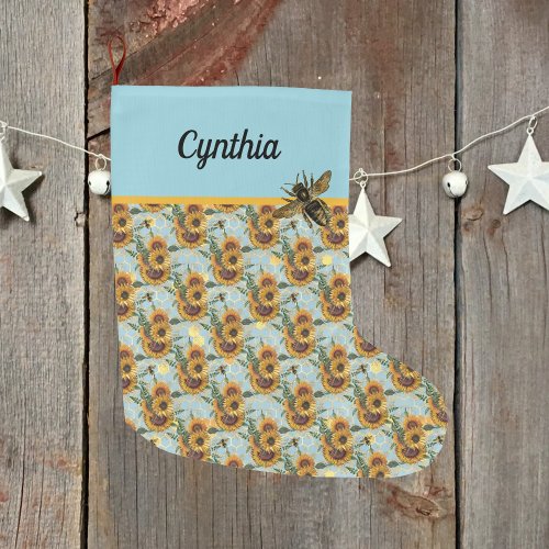 Sunflowers Honeycomb and Bees Turquoise and Gold Large Christmas Stocking