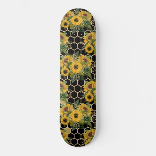 Sunflowers Honeycomb Floral Pattern Black Skateboard