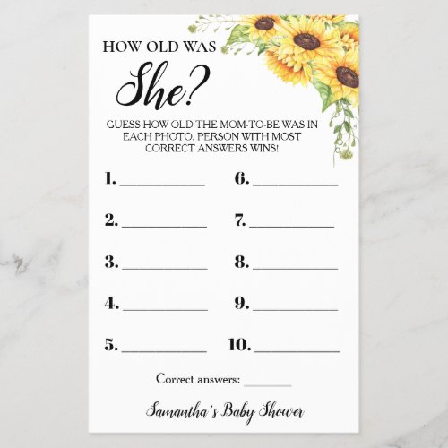 Sunflowers How old was She Baby Shower Game card Flyer