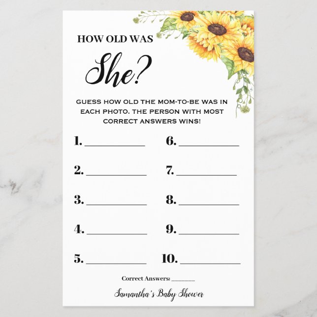 Sunflowers How old was She Baby Shower Game card Flyer (Front)
