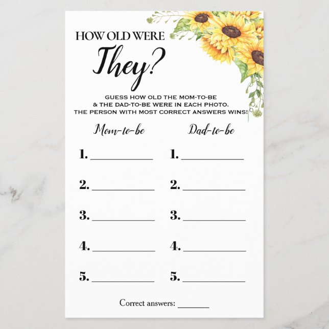 Sunflowers How Old Were They Baby Shower Game Card Flyer (Front)