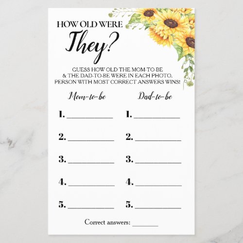 Sunflowers How Old Were They Baby Shower Game Card Flyer
