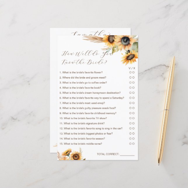 Sunflowers how well do you know the bride game (Front/Back In Situ)