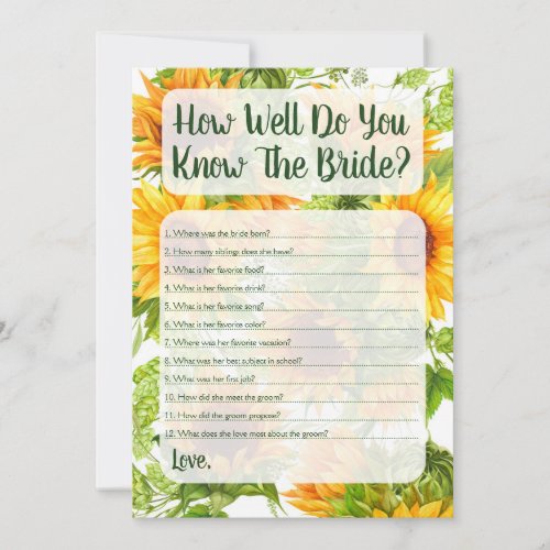 Sunflowers How Well Do You Know The Bride Game Invitation
