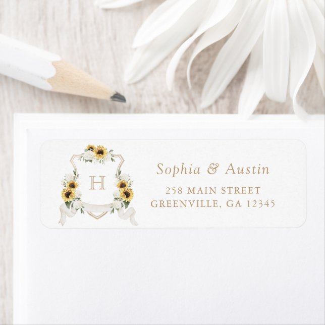Sunflowers Hydrangea Crest Monogram Return Address Label (Insitu)