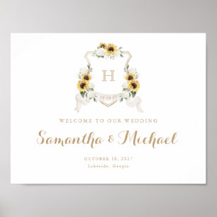 Sunflowers Hydrangea Crest Monogram Welcome Sign